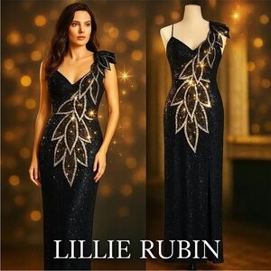 VTG,Lillie Rubin Exquisite, Black Sequin Beaded-Leaf Motif,Evening Gown,Size M